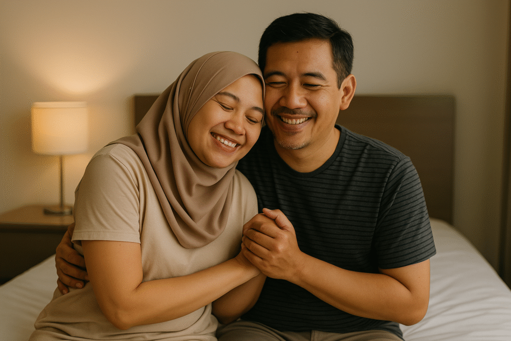 Side Hug with Smiles in the Bedroom